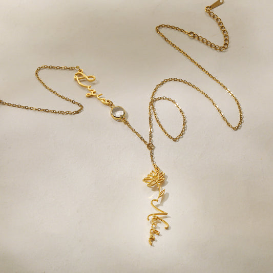 Customized Name Birthday Flower Stone Necklace QN-N8828