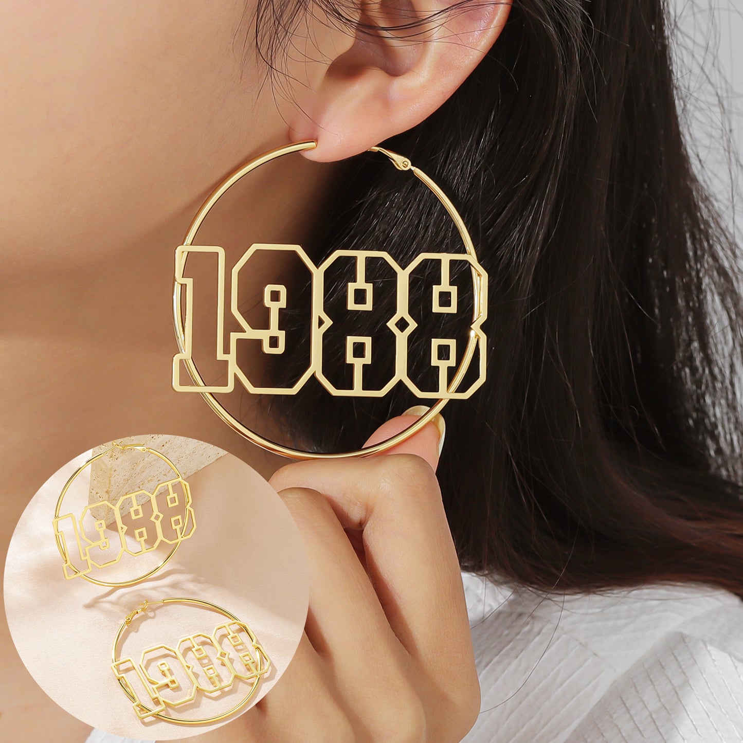 Custom Year Nummer Hoop Shape Earrings QNE3088