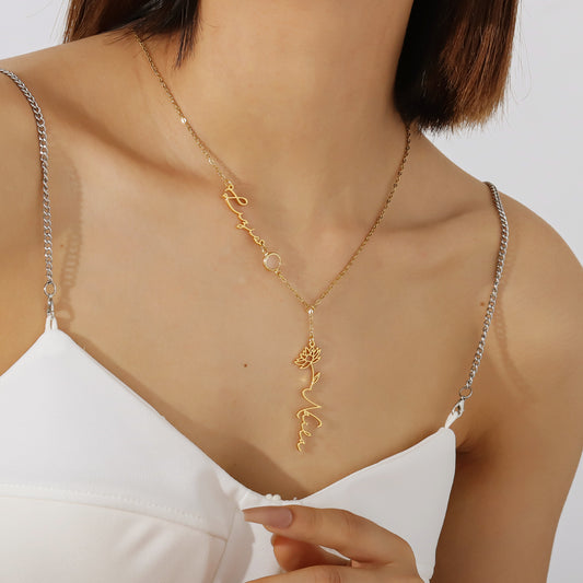 Customized Name Birthday Flower Stone Necklace QN-N8828