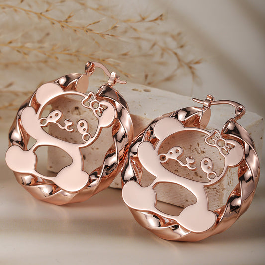 Kids Bear Hoop Earrings, Hollow Cutout Bow Bear Twisted Loop Earrings, Children Fashion Earrings-HE3665