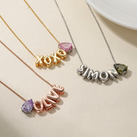 Customized 3D Bubble Name Necklace With Teardrop Birthstone 3D-N8763