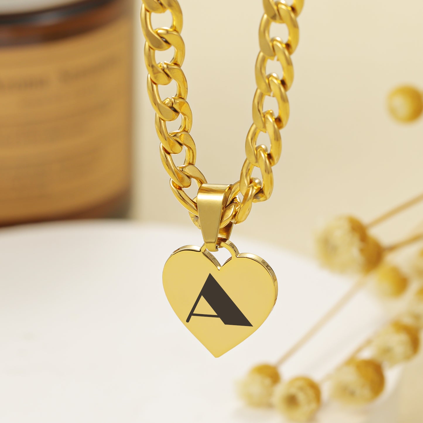 Engraved Heart Necklace Curb Chain QN-N3011