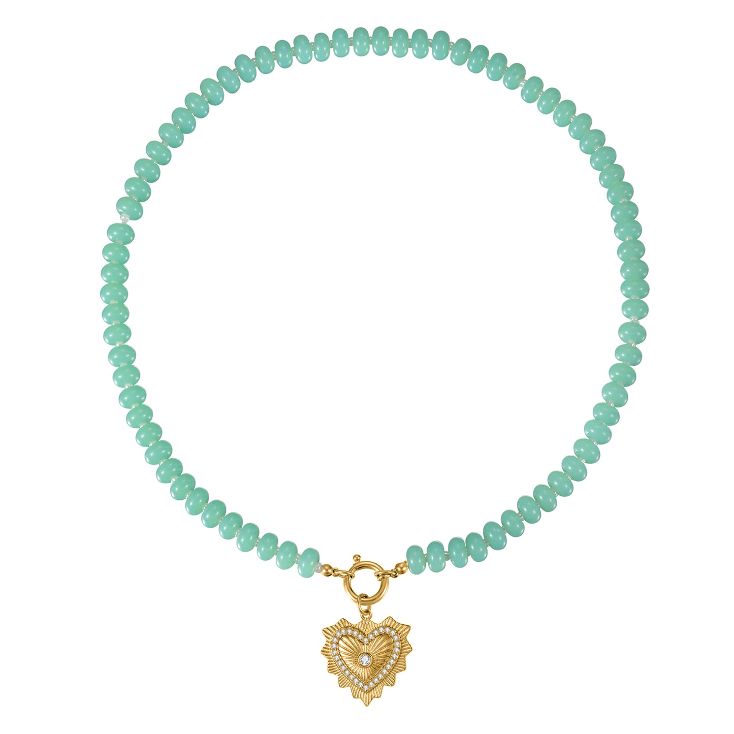 Mint Green Natural Stone Beaded Necklace with Heart Charm Bohemian Jewelry - SSN3696