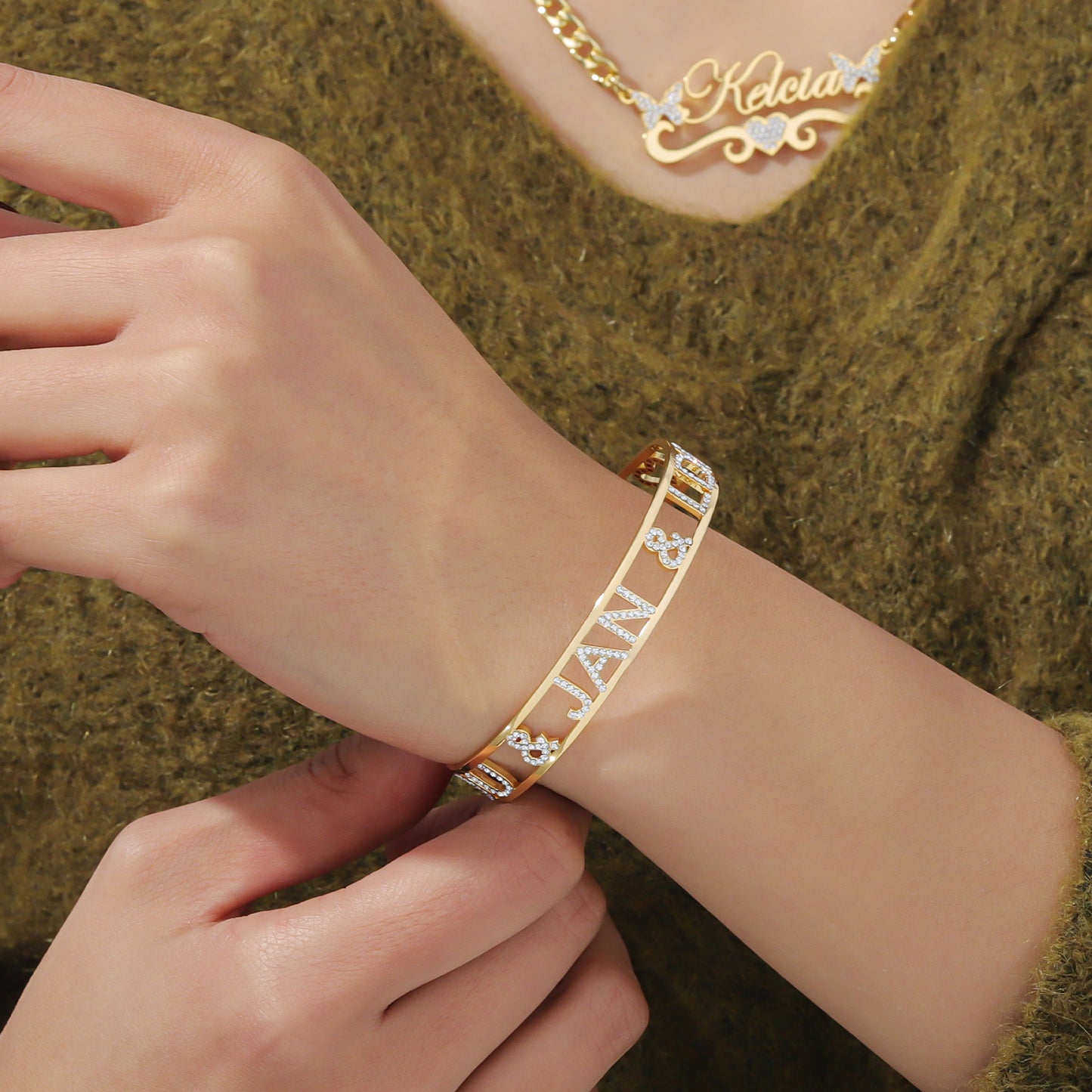 Custom Crystal Sets Names Necklace Name Bangles QZB3133