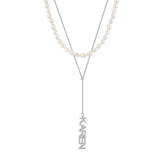 Custom Vertical Name Pearl Necklace Set – Personalized CZ Letter Pendant Layered Necklace-QZN3792