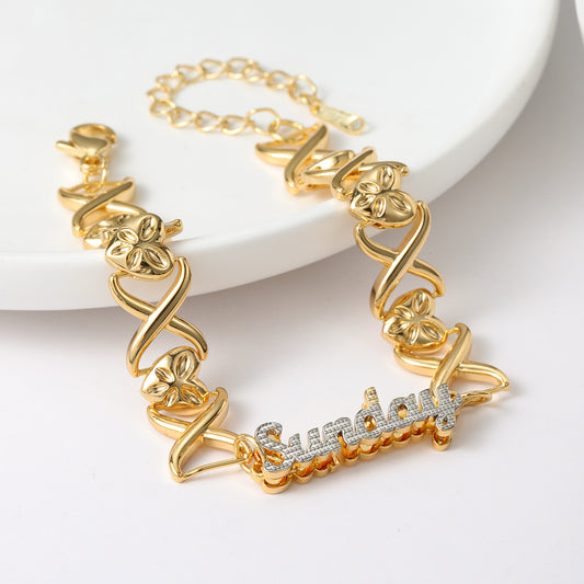 Custom XOXO Double Layer Two Tone Heart Name Bracelet QFB3139
