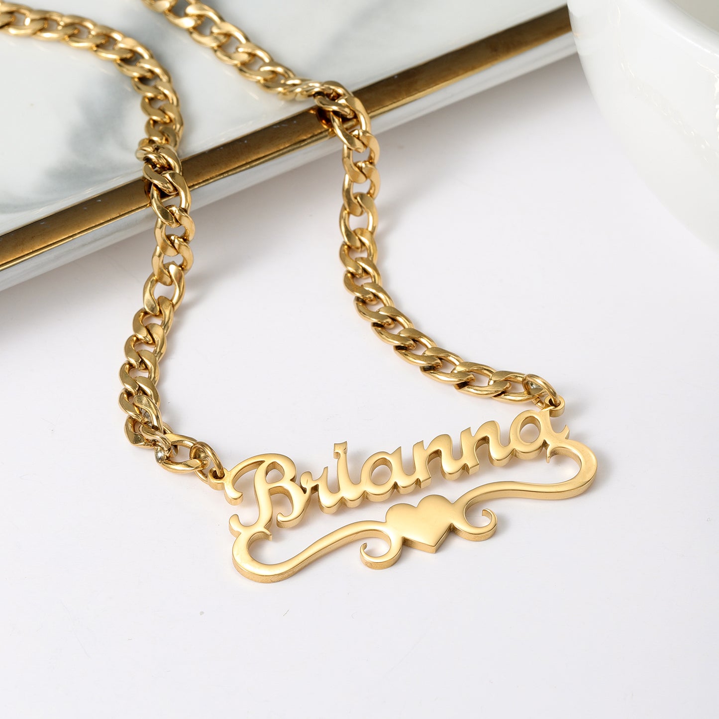 Custom Name Heart Necklace With Cuban Chain QNN3137