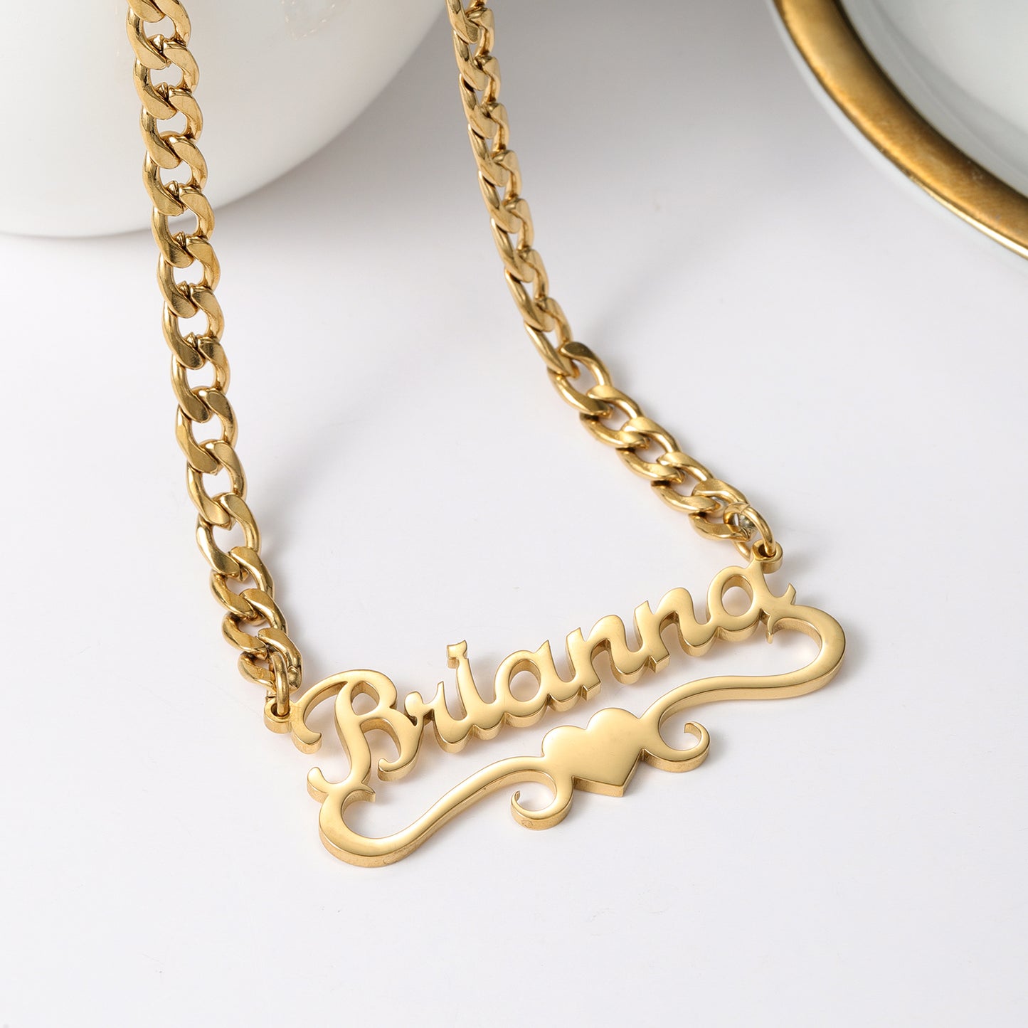 Custom Name Heart Necklace With Cuban Chain QNN3137