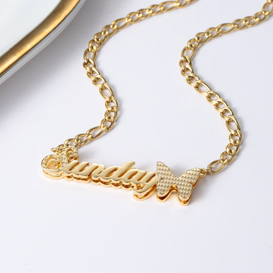 Custom Double Layer Two Tone Butterfly Nameplate Necklace QFN3144