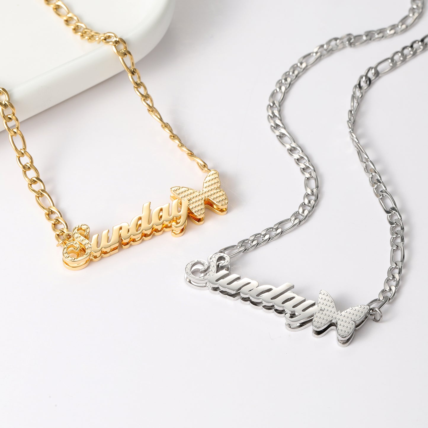 Custom Double Layer Two Tone Butterfly Nameplate Necklace QFN3144