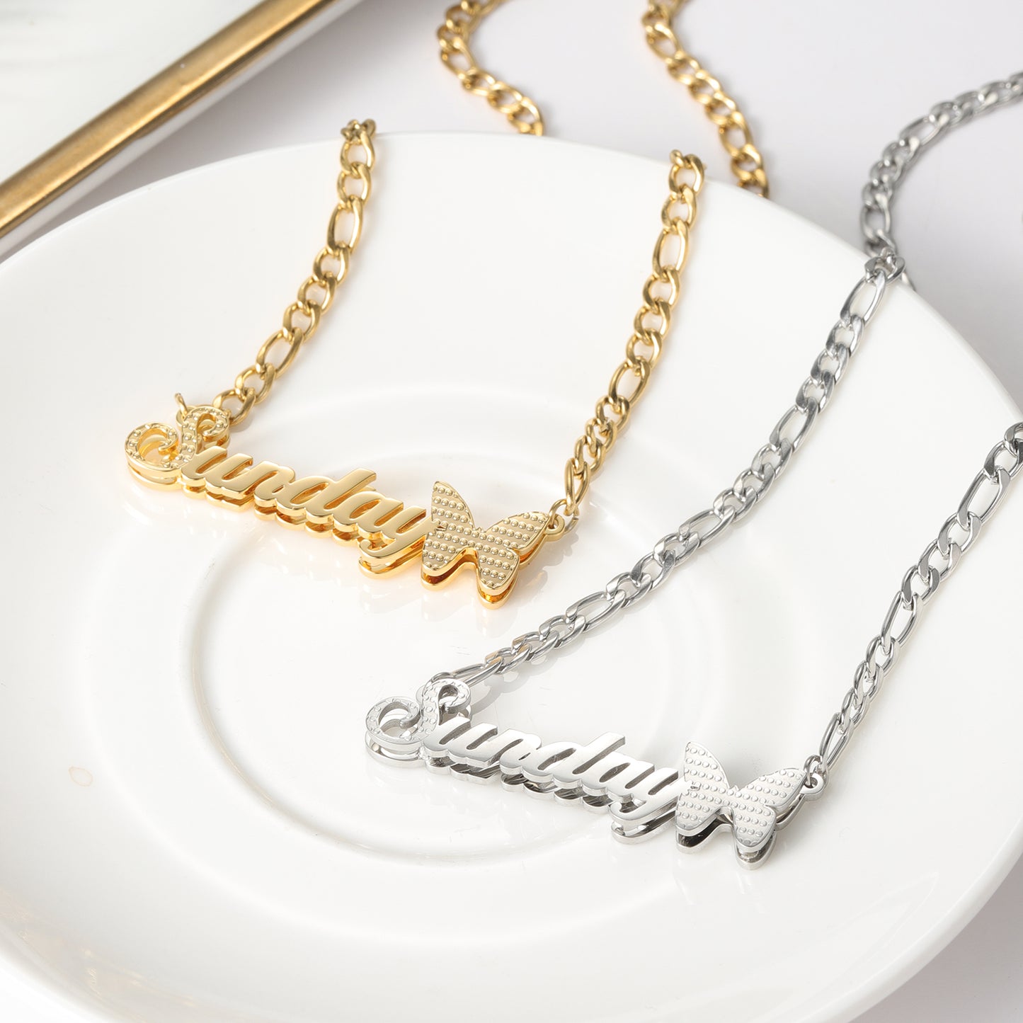 Custom Double Layer Two Tone Butterfly Nameplate Necklace QFN3144