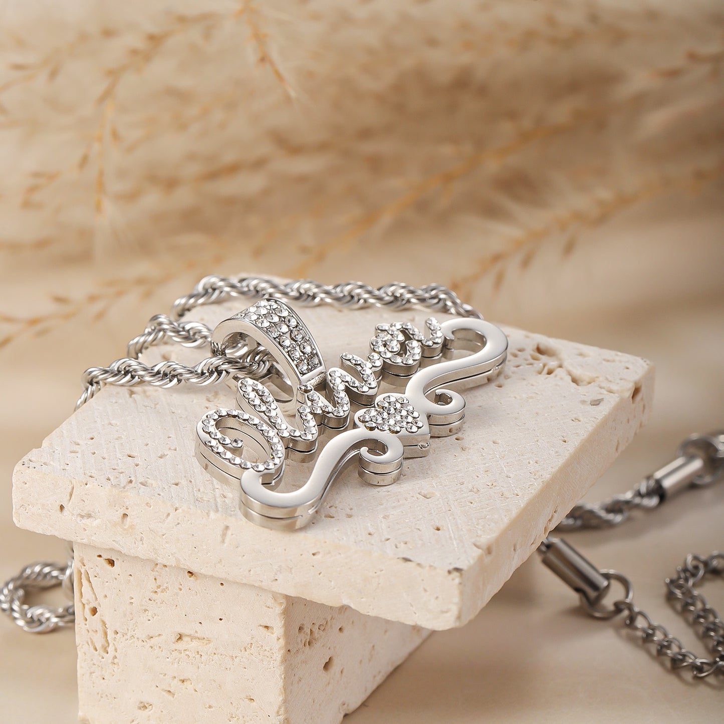 Personalized Stainless Steel Name Necklace With Rhinestones-QHN3656