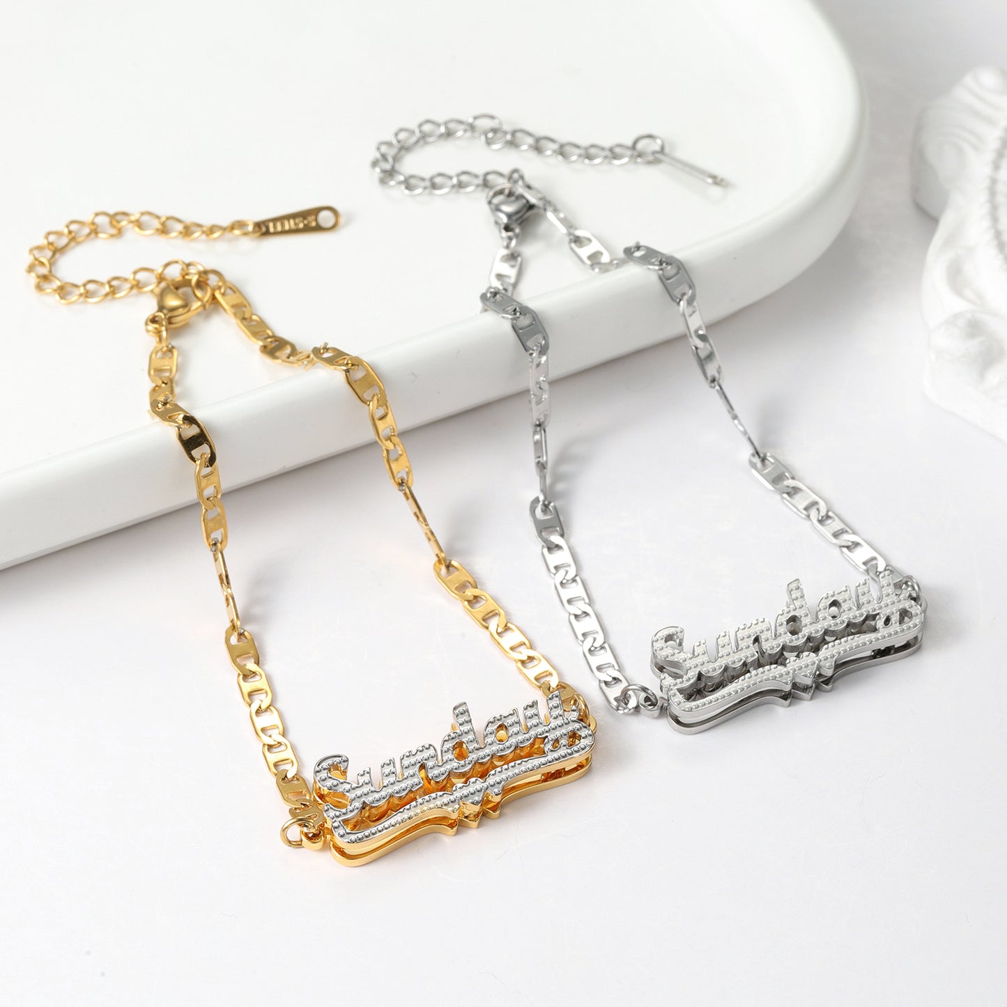 Custom Double Layer Two Tone Names Heart Bracelets QNF3156