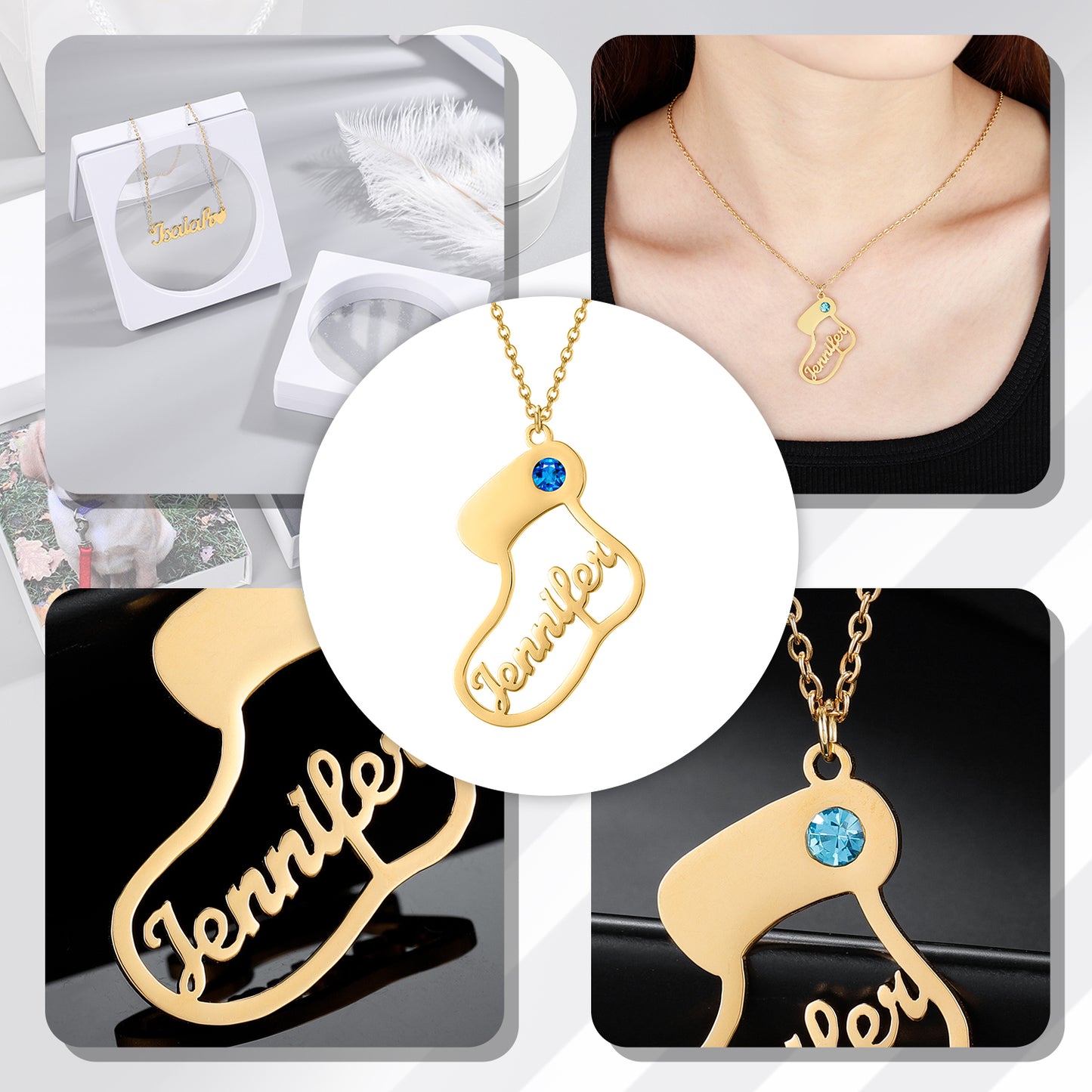 Sockenform personalisierte Namen Geburtssteinkette QN339