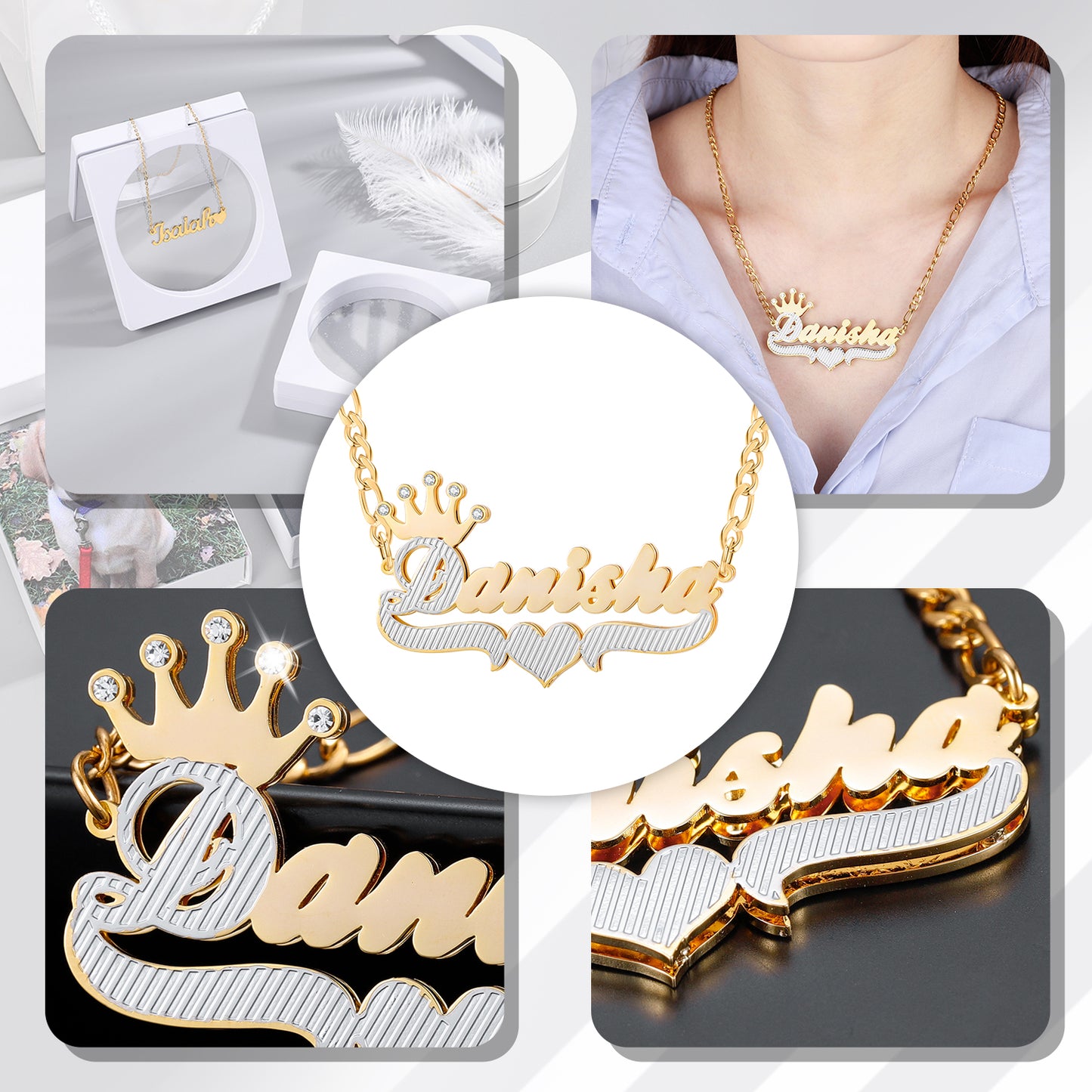 Crown Double Name Plate Necklace QN348-F11