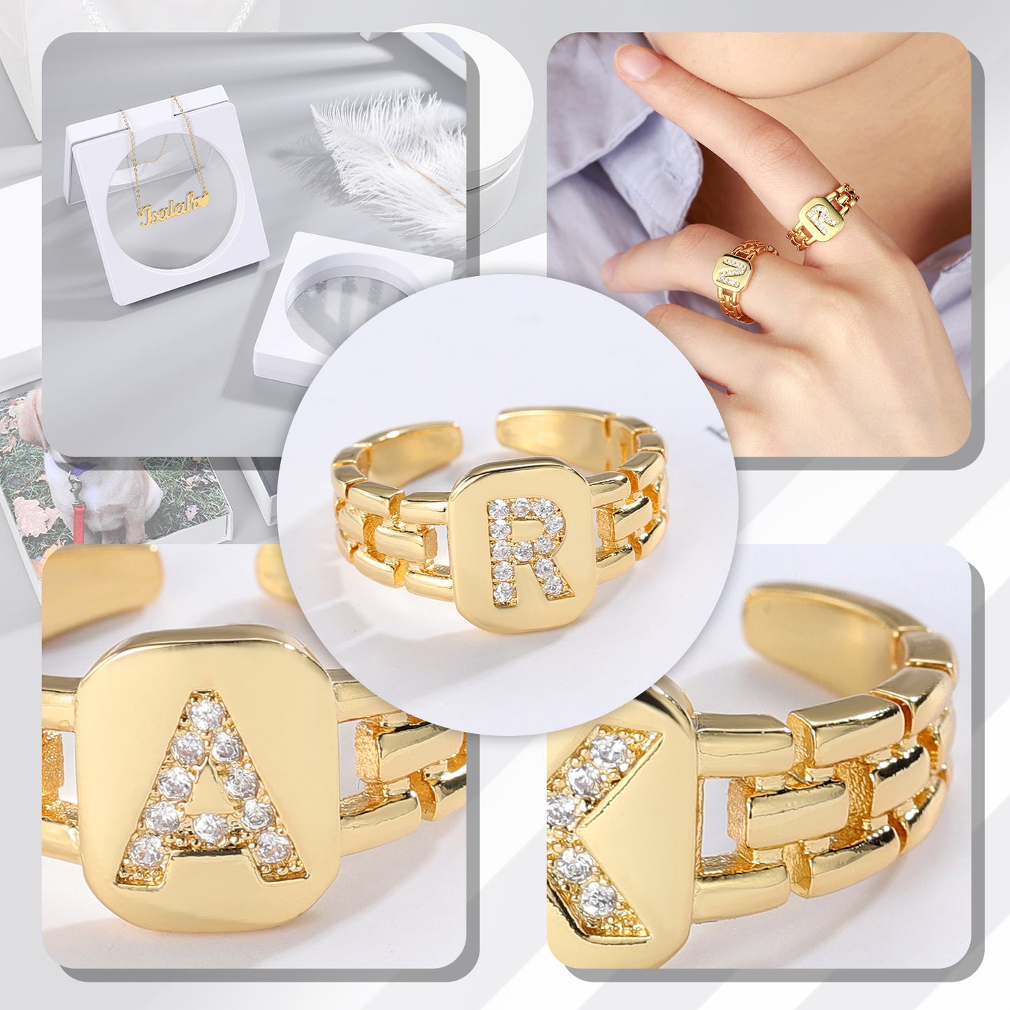 Hip Hop Adjustable Gold Color CZ A-Z Letter Ring SR241