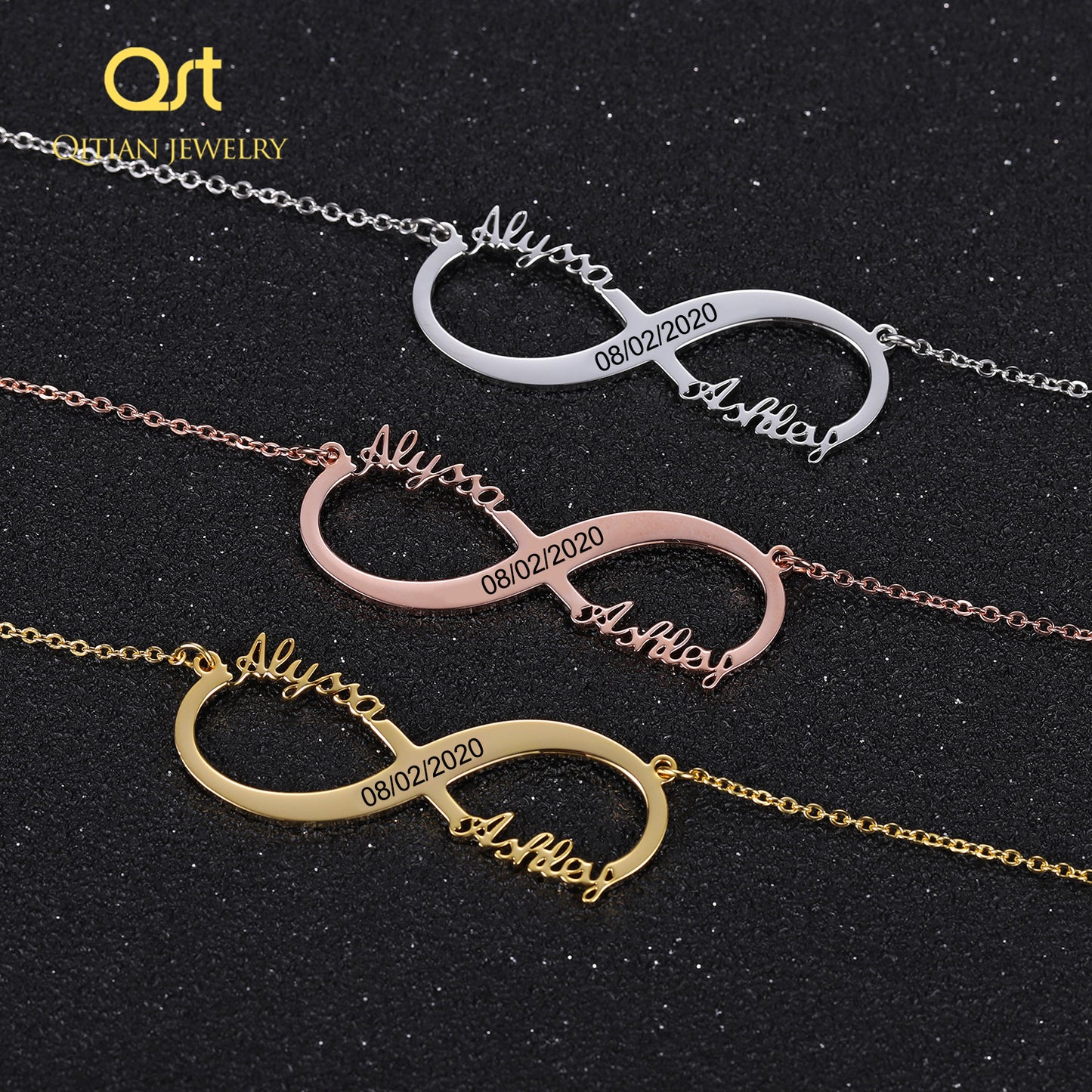 Double Name Engraved Date Numerals Infinity Necklaces