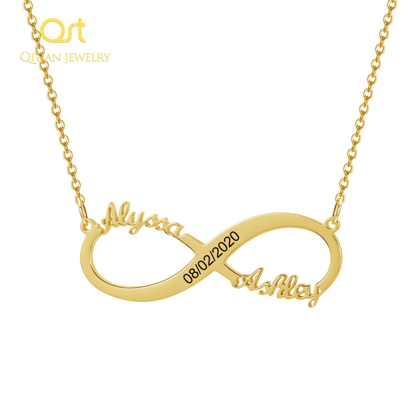 Double Name Engraved Date Numerals Infinity Necklaces