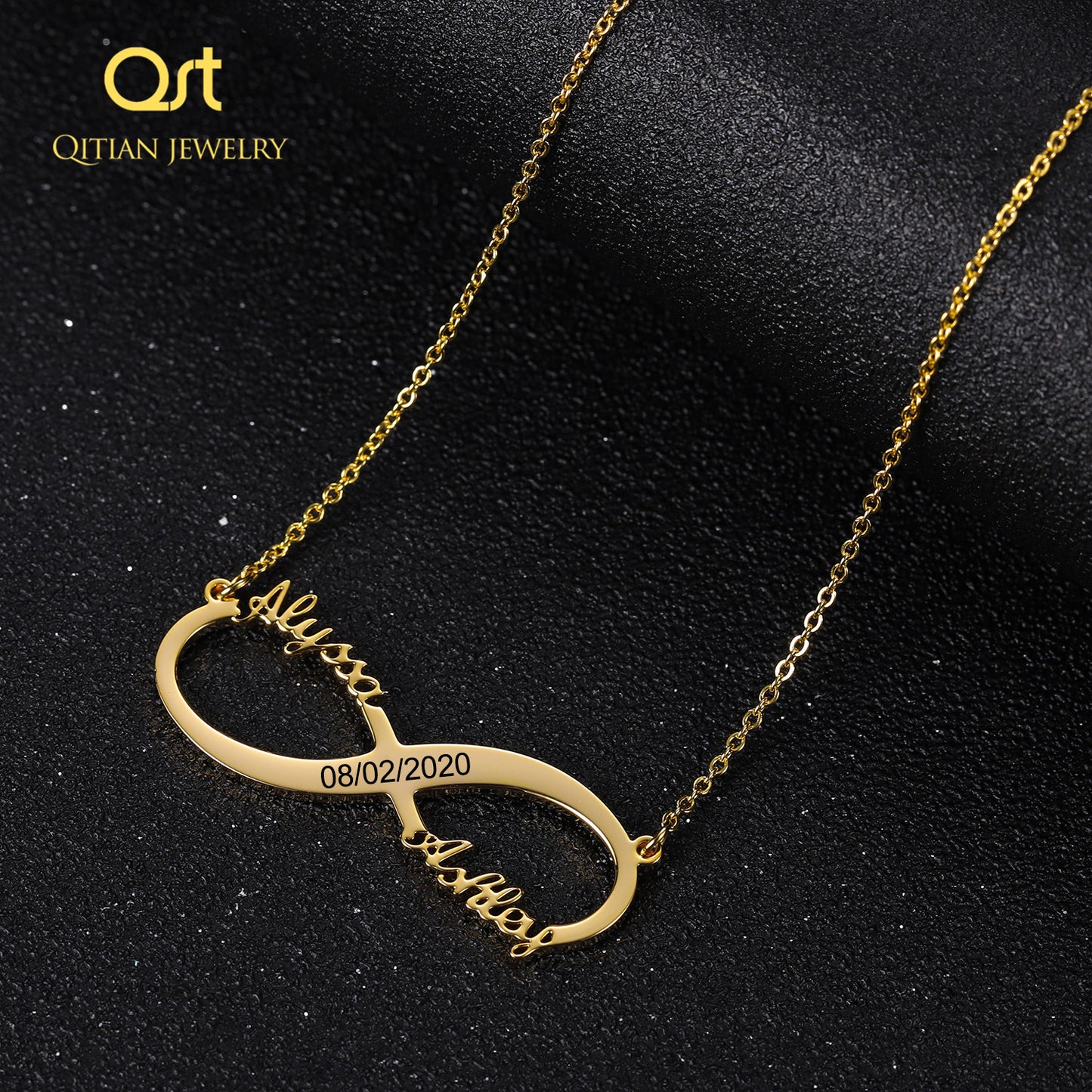 Double Name Engraved Date Numerals Infinity Necklaces