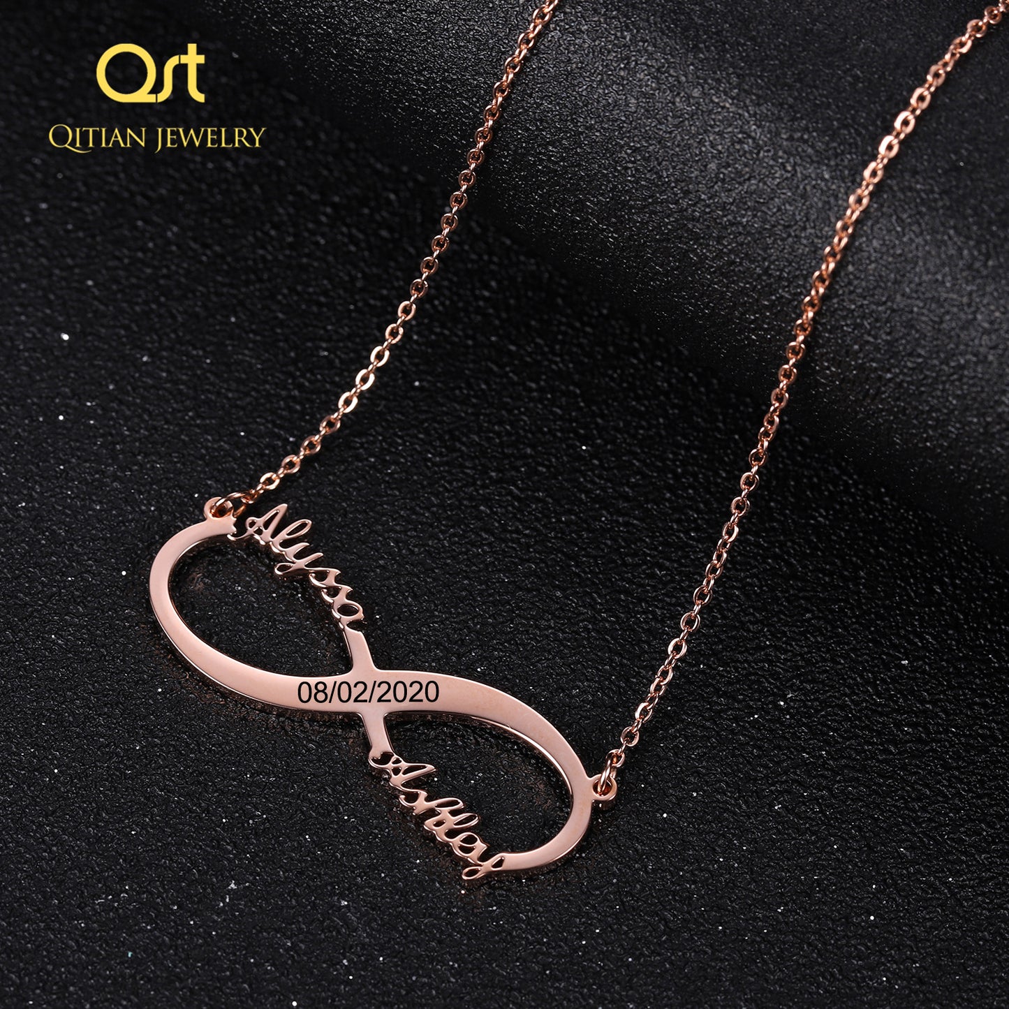 Double Name Engraved Date Numerals Infinity Necklaces