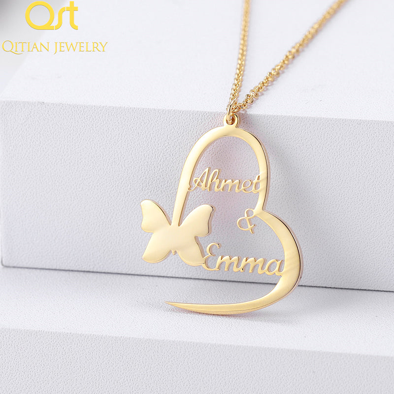 Butterfly Heart Pendants Custom Name Necklaces