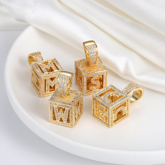 Dice Square Hollow Letters Pendant Gold Chain QN12033