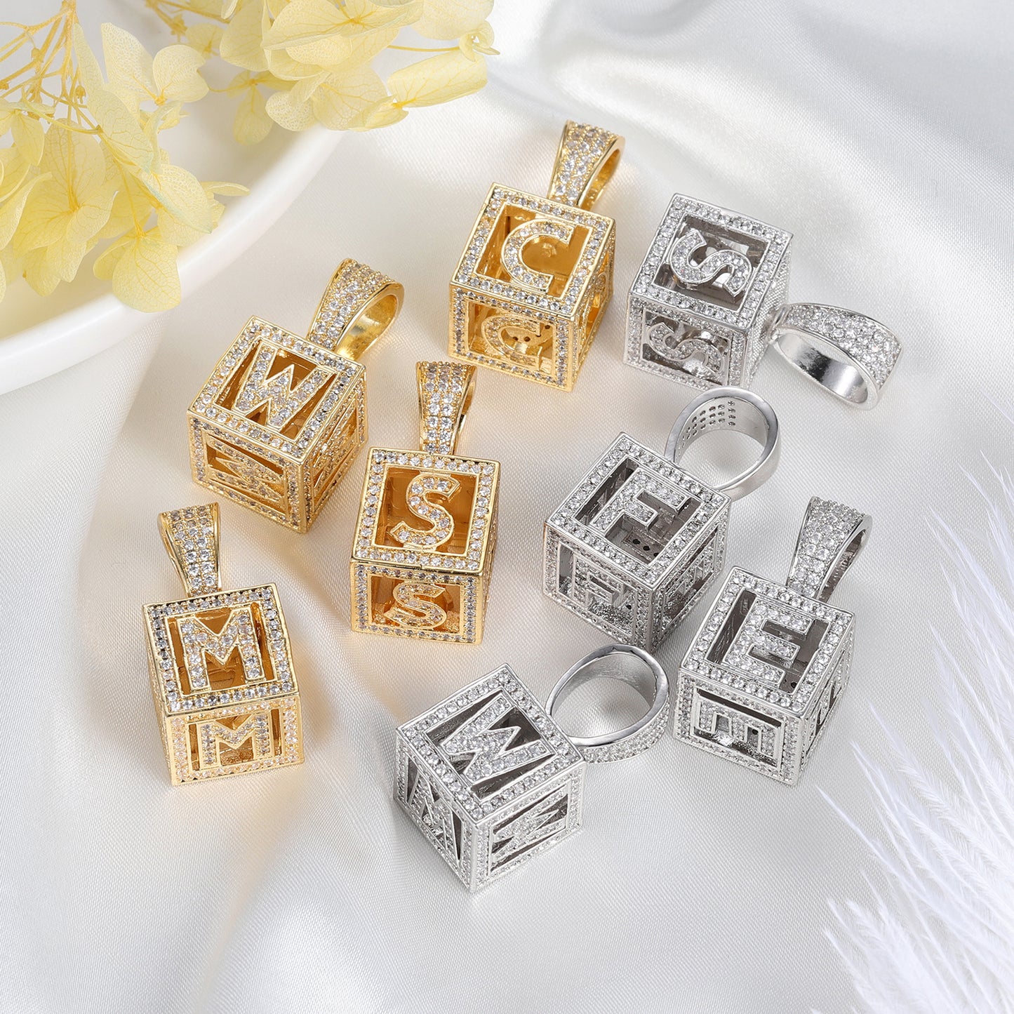 Dice Square Hollow Letters Pendant Gold Chain QN12033