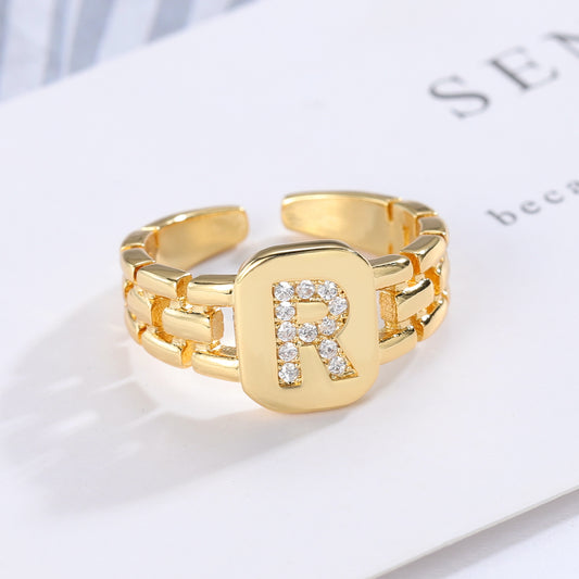 Hip Hop Adjustable Gold Color CZ A-Z Letter Ring SR241