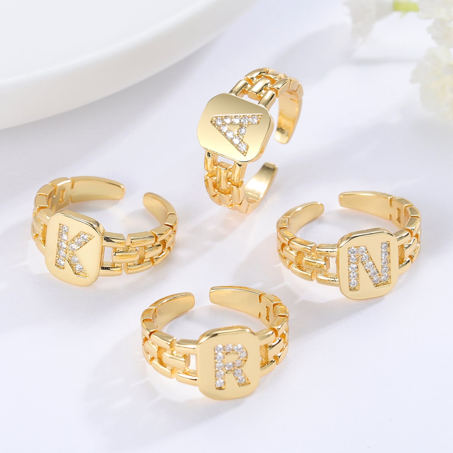 Hip Hop Adjustable Gold Color CZ A-Z Letter Ring SR241