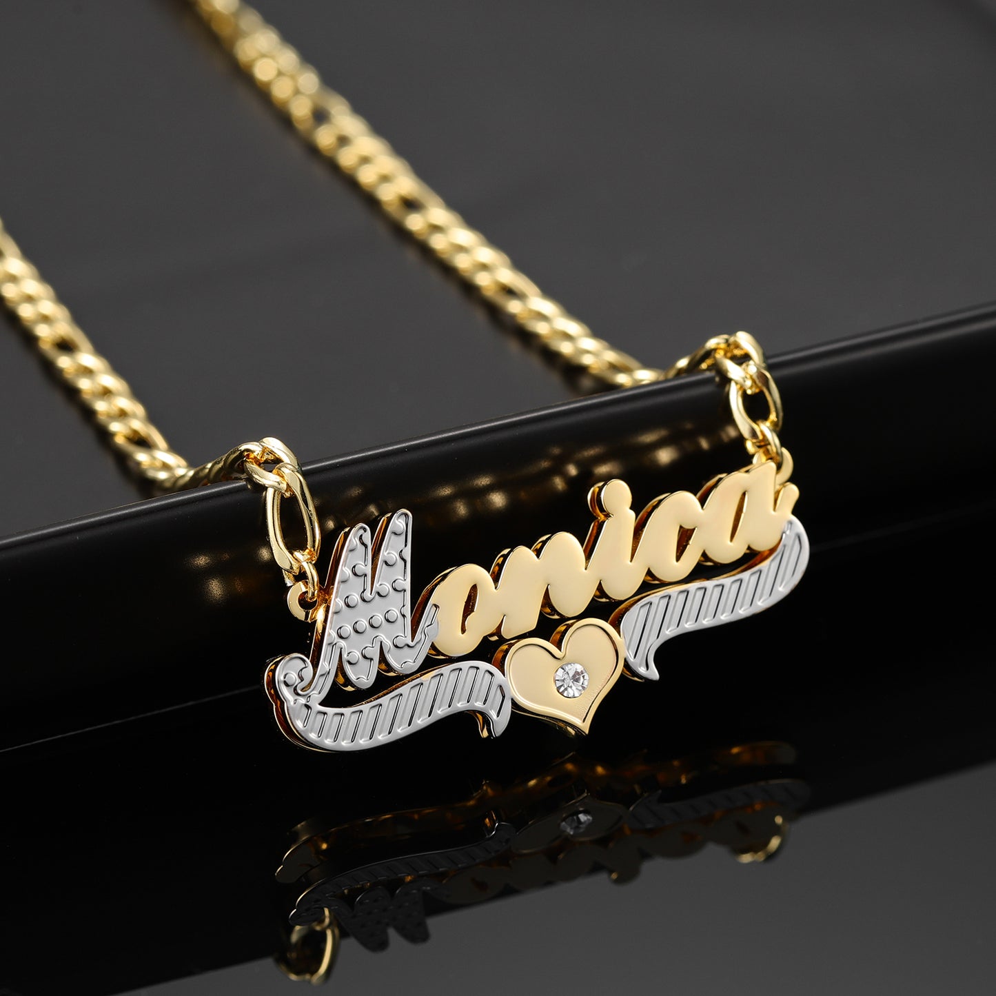 Custom Double Plate Two Tone Heart Name Necklace QN842