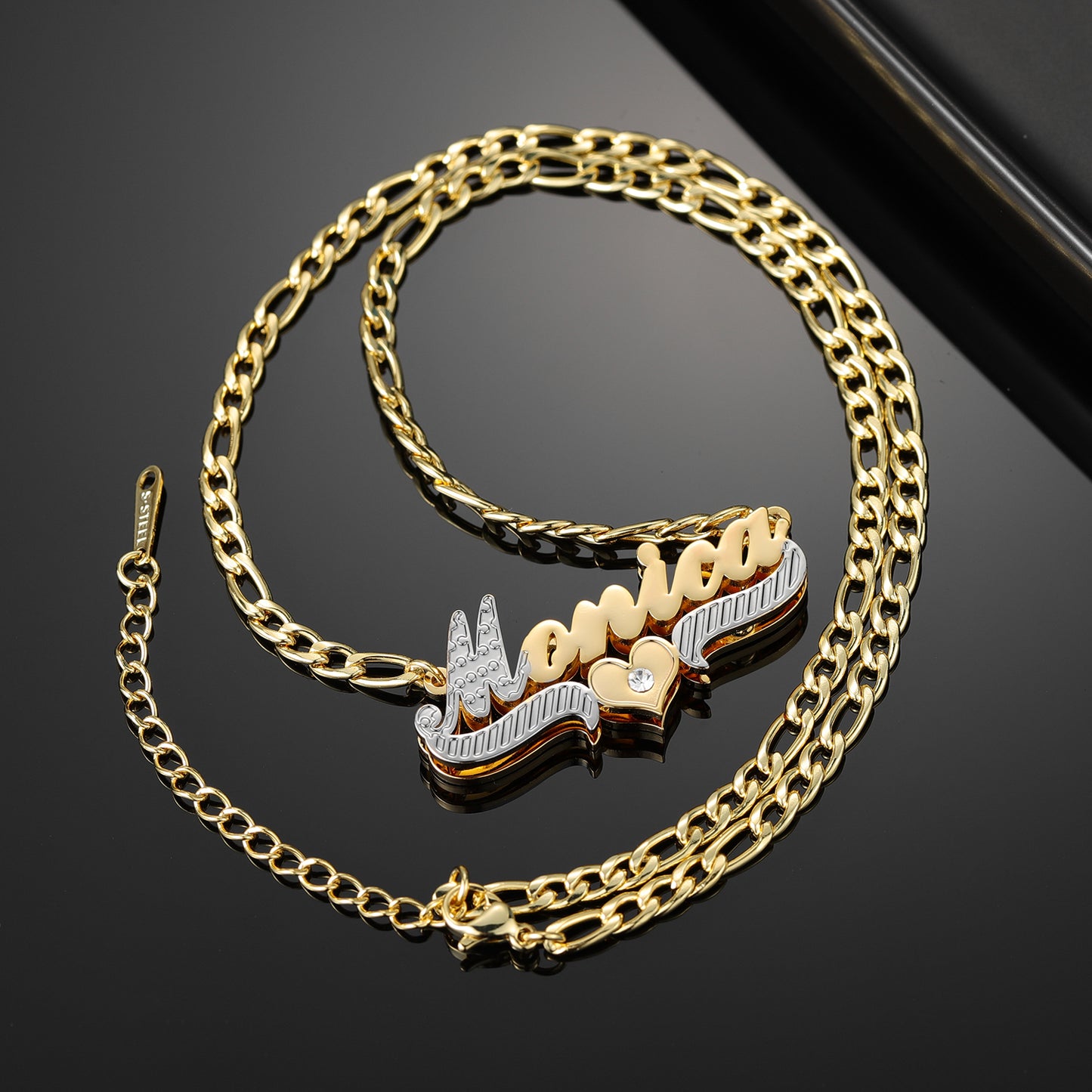 Custom Double Plate Two Tone Heart Name Necklace QN842