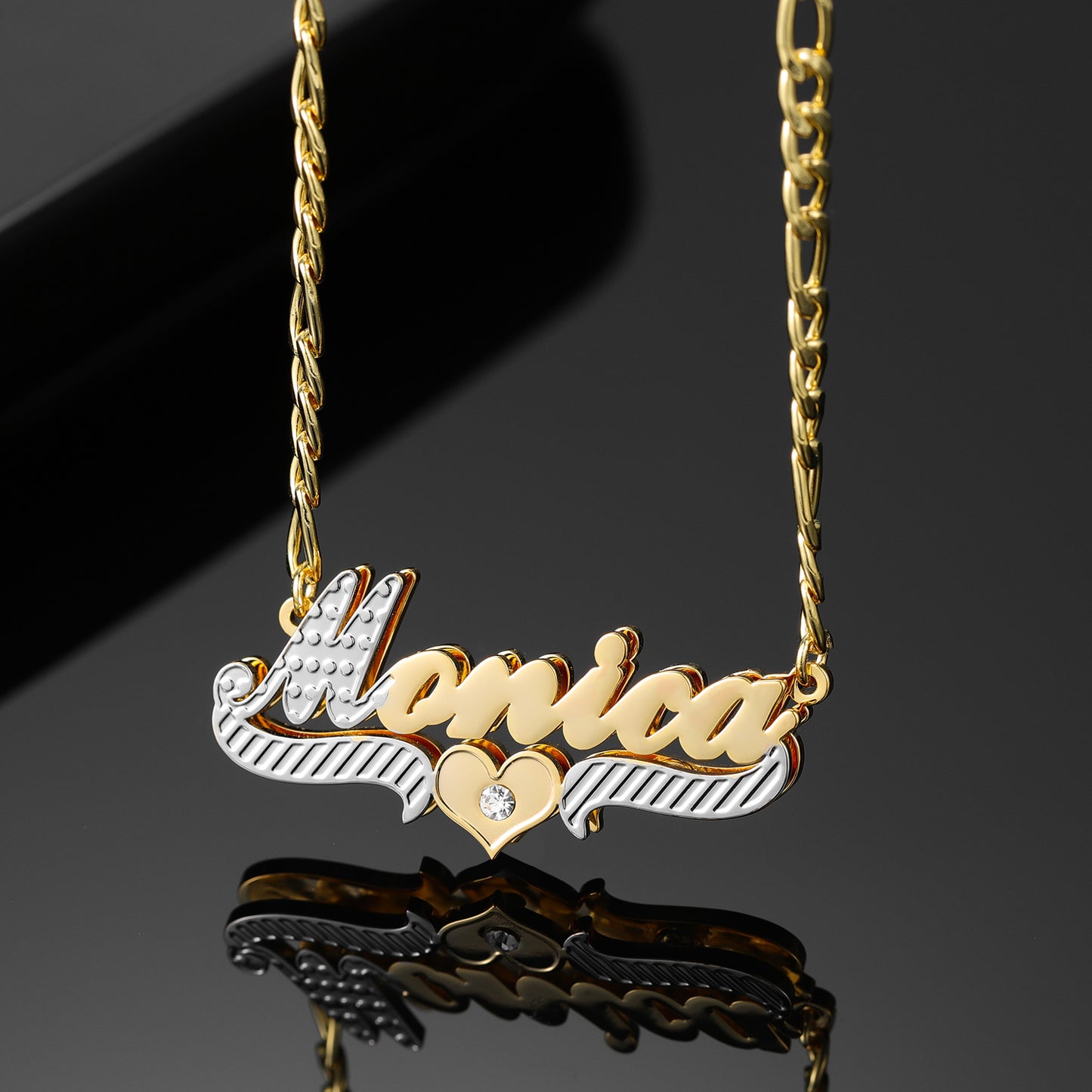 Custom Double Plate Two Tone Heart Name Necklace QN842