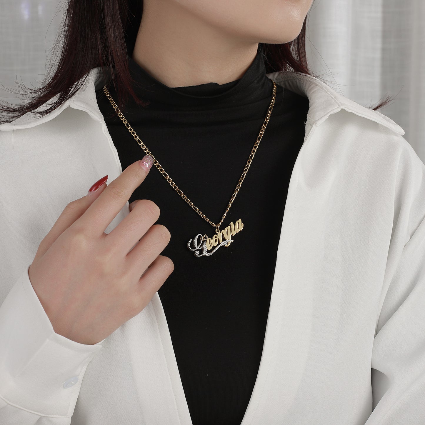 Double Layer Two Tone Nameplate Necklace QN844