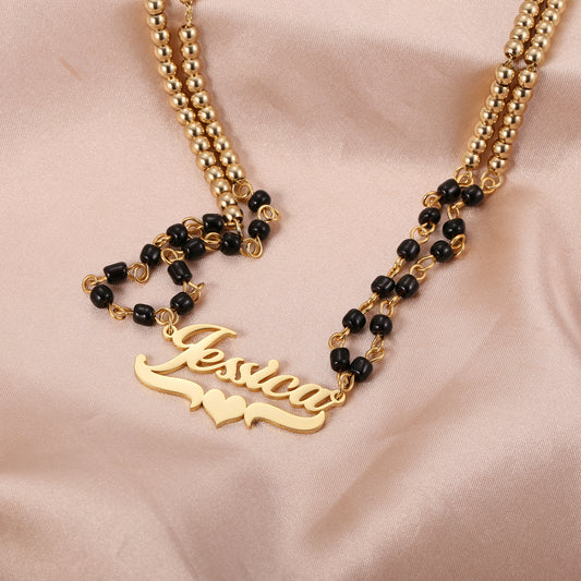 Collier Prénom Avec Chaîne De Perles Noires QN747