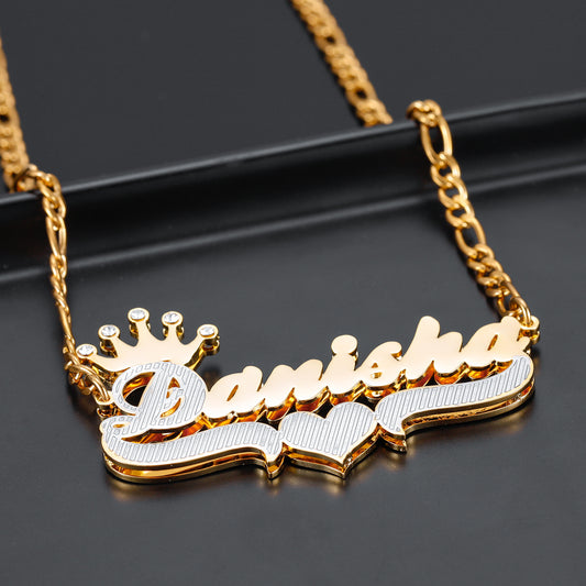 Halskette mit doppeltem Namensschild mit Krone QN348-F11