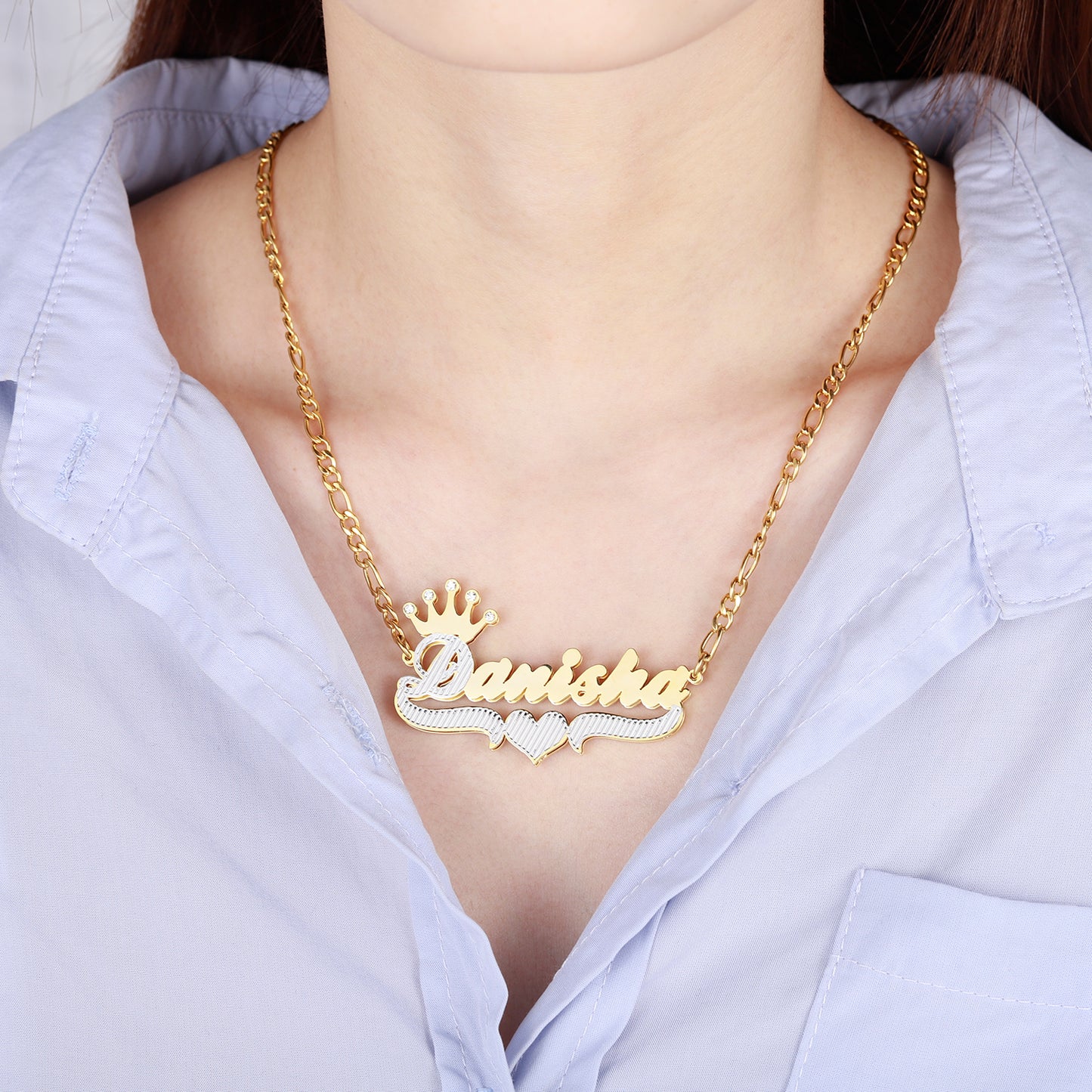 Crown Double Name Plate Necklace QN348-F11