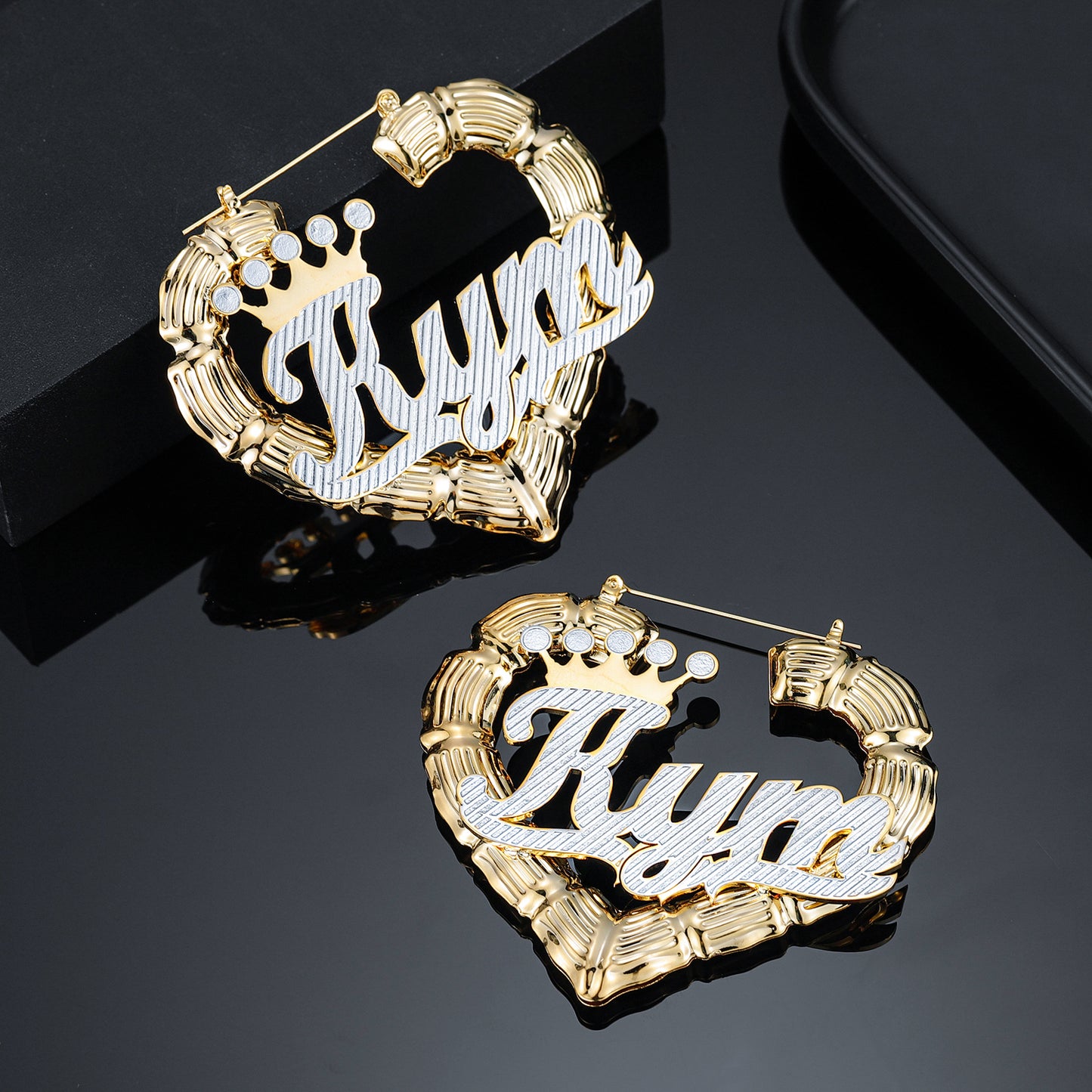 Two Tone Bamboo Heart Name Earrings QE530