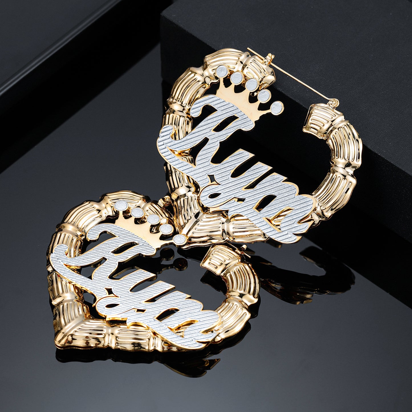 Two Tone Bamboo Heart Name Earrings QE530