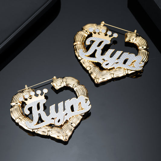 Two Tone Bamboo Heart Name Earrings QE530