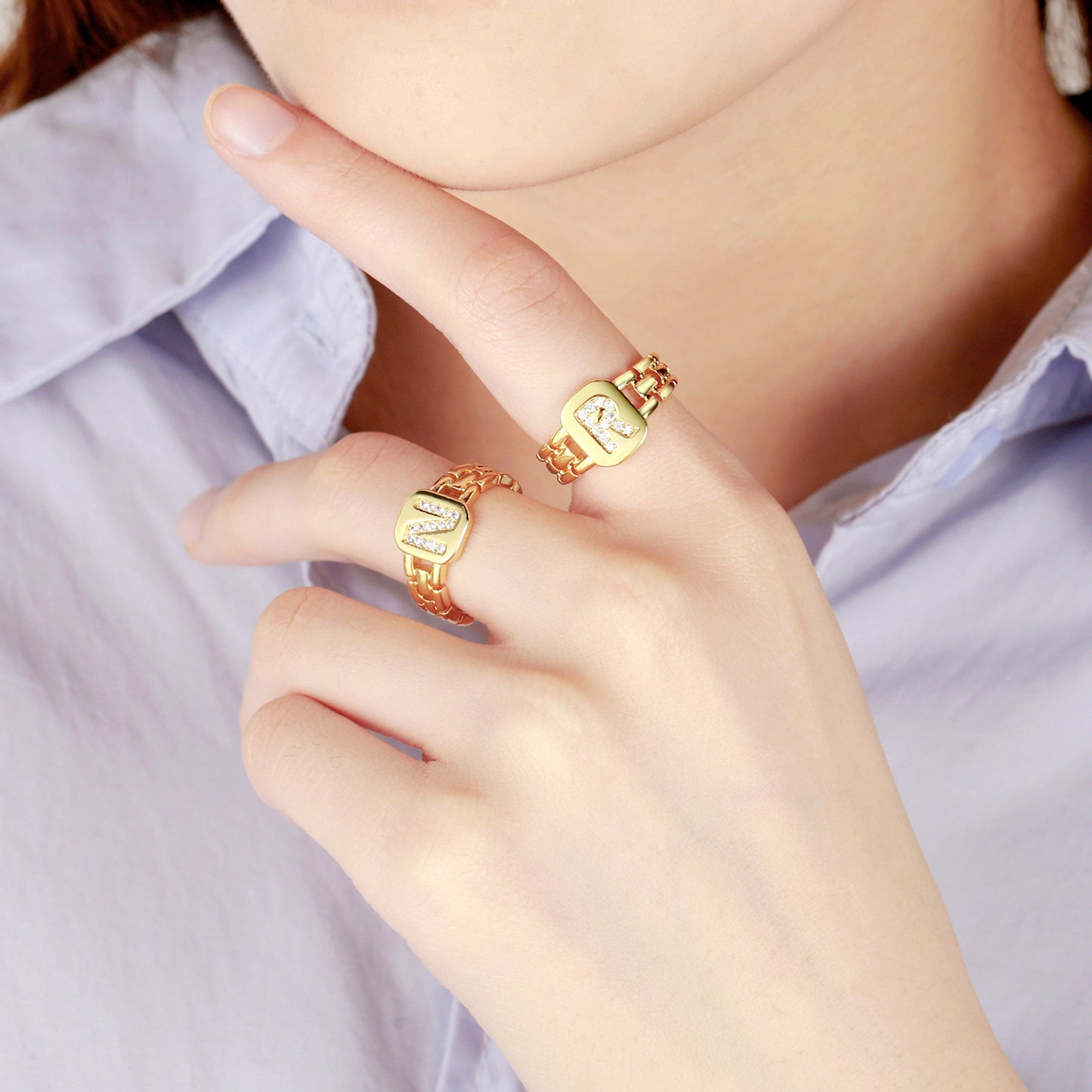 Hip Hop Adjustable Gold Color CZ A-Z Letter Ring SR241