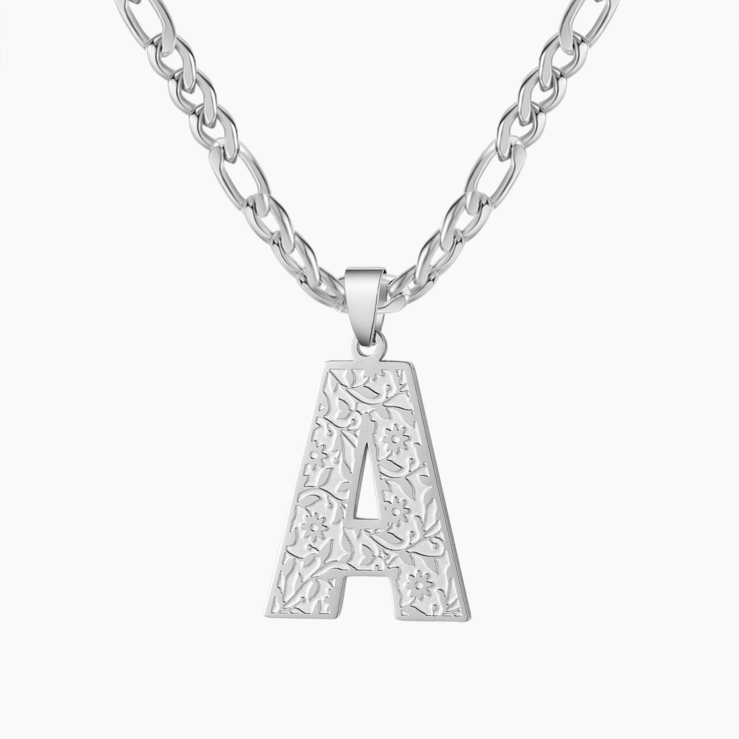 Flower Texture Initial Curb Chain Necklace SN2577