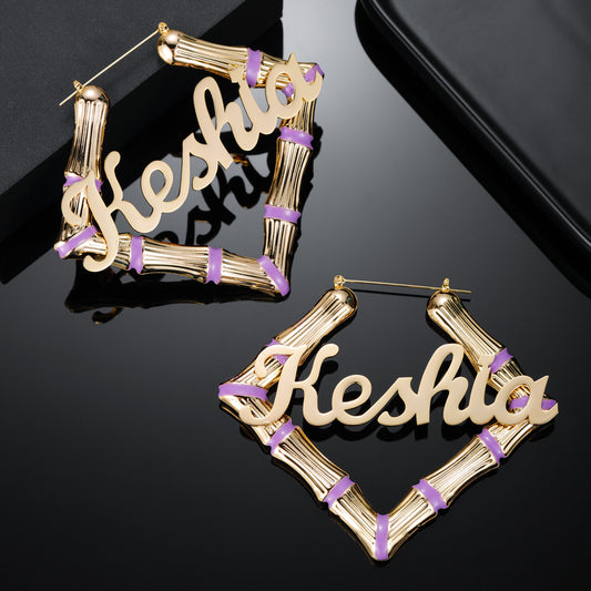 Purple Square Name Bamboo Earrings QE414