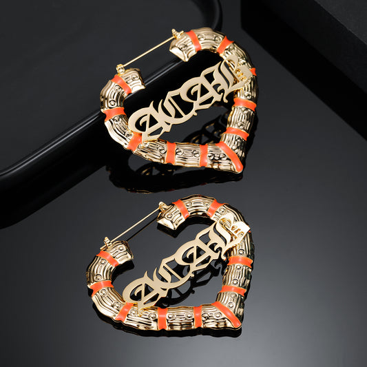 Orange Heart Name Bamboo Earrings QE413
