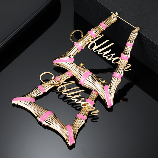 Pink Trapezoid Name Bamboo Earrings QE415