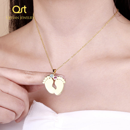 Birthstone Mom Necklace-Baby Feet