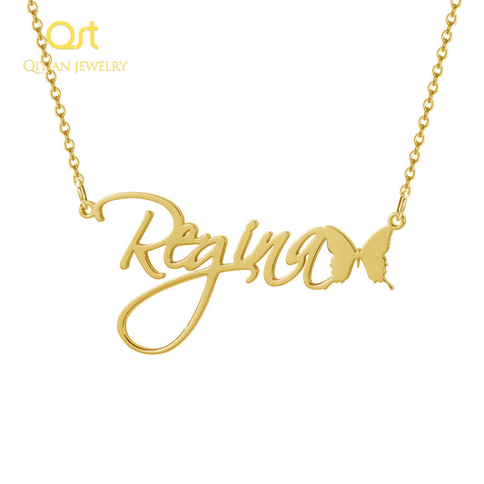 Butterfly symbol Cursive Nameplate Necklace