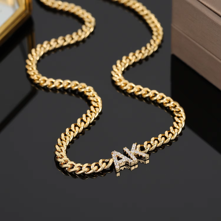 Custom Zircon Letter Cuban Chain Necklace, Personalized Stainless Steel Nameplate Jewelry Gift for Women-QN8081