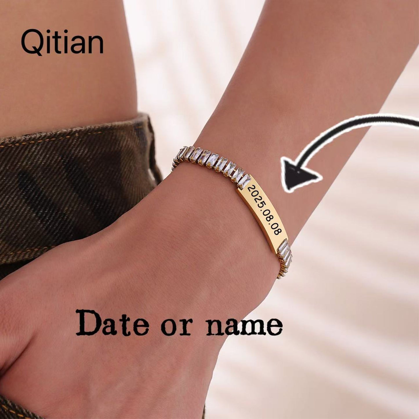 Customize Surface Laser Engraved Name Logo Couple Inlaid Zircon Bracelet - CB3567