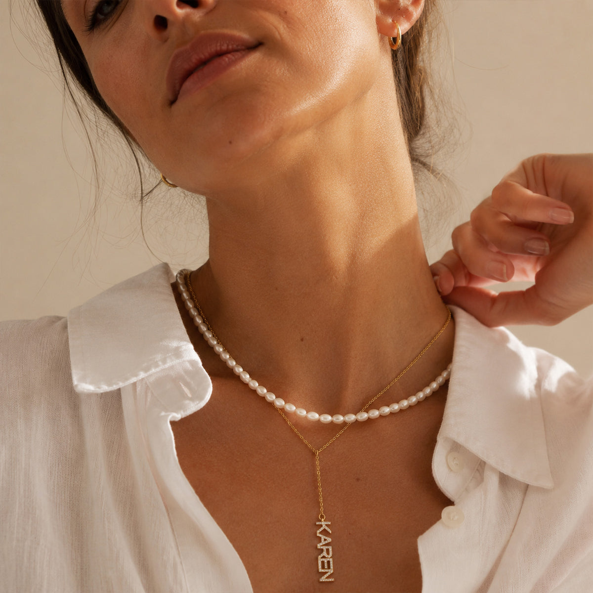 Custom Vertical Name Pearl Necklace Set – Personalized CZ Letter Pendant Layered Necklace-QZN3792