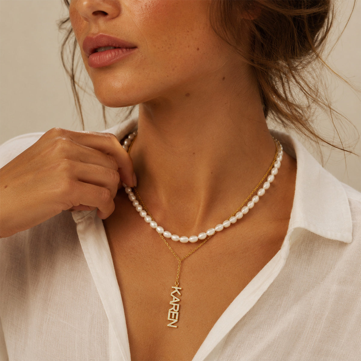 Custom Vertical Name Pearl Necklace Set – Personalized CZ Letter Pendant Layered Necklace-QZN3792